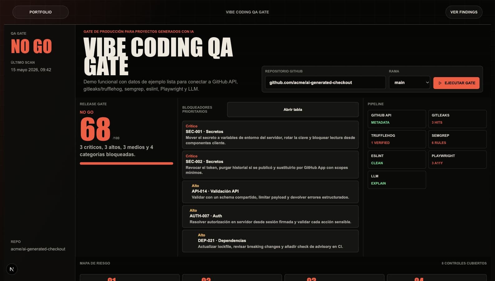 Captura del proyecto Vibe Coding QA Gate: QA enterprise para IA